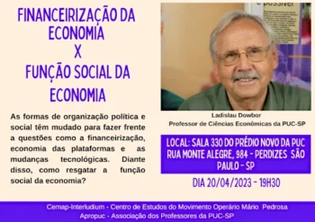 Cartaz da palestra Financeirização da economia x Função social da economia