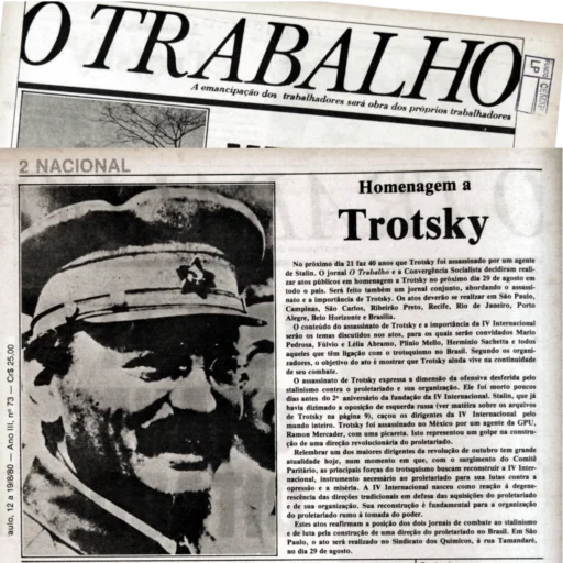 Matéria do jornal “O Trabalho” nº 73, de 12 de agosto de 1980, convoca para o ato pelos 40 anos do assassinato de Leon Trotsky